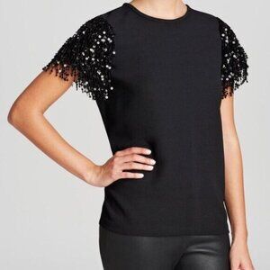 Kate Spade New York Sequin Fringe Short Sleeve Crepe Black Top size 4